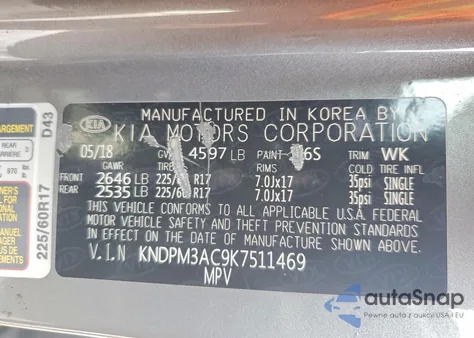 2019 Kia Sportage Lx z USA, uszkodzony, nr VIN KNDPM3AC9K7511469